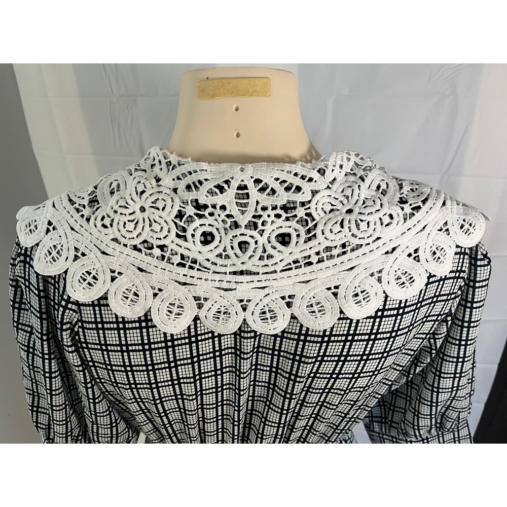 Korean Vintage Style Grid Print Midi Dress Crochet Lace Collar Black White Posh - Picture 6 of 14
